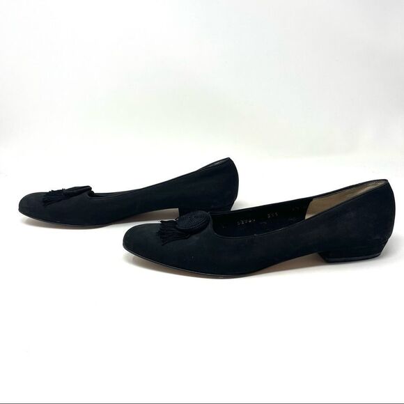 SALVATORE Ferragamo Black Suede Fringe Button Flats Size 9.5 Made in Italy - Picture 5 of 10